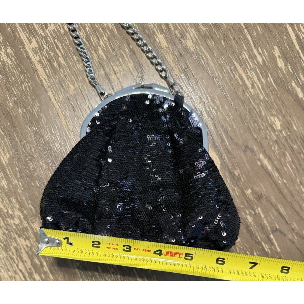 Black Sequin Silver Chain Clasp Tote Wristlet Bag 90s Y2k Whimsygoth Old Money - Picture 5 of 8